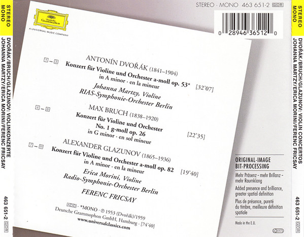 Antonín Dvořák • Max Bruch • Alexander Glazunov, Johanna Martzy • Erica Morini • Ferenc Fricsay - Violinkonzerte (CD, Comp, Mono) (Near Mint (NM or M-)) - Image 3