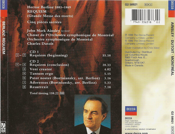 Hector Berlioz, John Mark Ainsley, Chœur De L'Orchestre Symphonique De Montréal Et Orchestre Symphonique De Montréal, Charles Dutoit - Requiem / 5 Pièces Sacrées (2xCD, Album) (Mint (M)) - Image 2