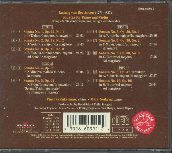 Ludwig van Beethoven, Pinchas Zukerman, Marc Neikrug - Sonatas For Piano & Violin (4xCD, Comp, Box) (Near Mint (NM or M-)) - Image 2