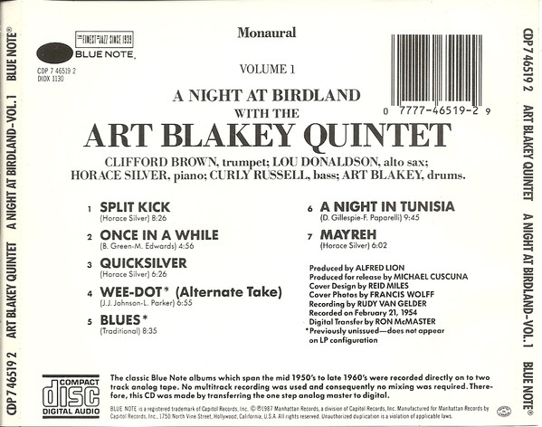 Art Blakey Quintet - A Night At Birdland • Volume 1 (CD, Album, Mono, RE) (Mint (M)) - Image 2