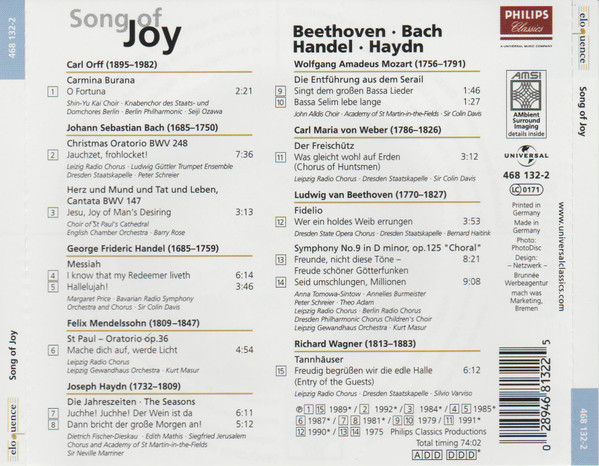 Ludwig van Beethoven, Johann Sebastian Bach, Georg Friedrich Händel, Joseph Haydn / Various - Song Of Joy (CD, Comp) (Mint (M)) - Image 2