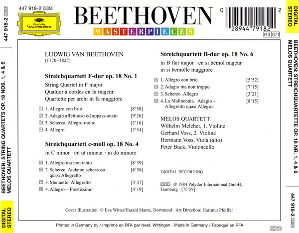Ludwig van Beethoven, Melos Quartett - Streichquartette = String Quartets = Quatuors A Cordes Op. 18 Nos. 1 · 4 · 6 (CD) (Mint (M)) - Image 2
