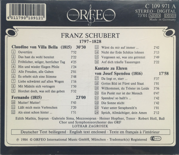 Franz Schubert, Edith MAthis, Gabriele Sima, Heiner Hopfner, Robert Holl, Lothar Zagrosek - Claudine Von Villa Bella - Fernando - Kantate Zu Ehren Von Josef Spendou (CD, Album) (Near Mint (NM or M-)) - Image 2