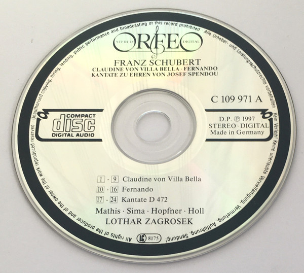 Franz Schubert, Edith MAthis, Gabriele Sima, Heiner Hopfner, Robert Holl, Lothar Zagrosek - Claudine Von Villa Bella - Fernando - Kantate Zu Ehren Von Josef Spendou (CD, Album) (Near Mint (NM or M-)) - Image 3