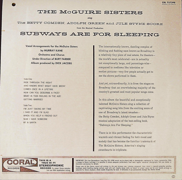 McGuire Sisters - Subways Are For Sleeping (LP, Album) (Mint (M)) - Image 2