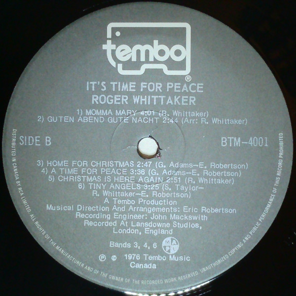 Roger Whittaker - A Time For Peace (The Roger Whittaker Christmas Album) (LP, Album) (Mint (M)) - Image 4