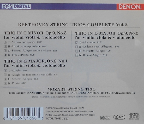 Ludwig van Beethoven, Mozart String Trio - String Trios Op. 9 Nos. 1/3 (CD) (Mint (M)) - Image 2