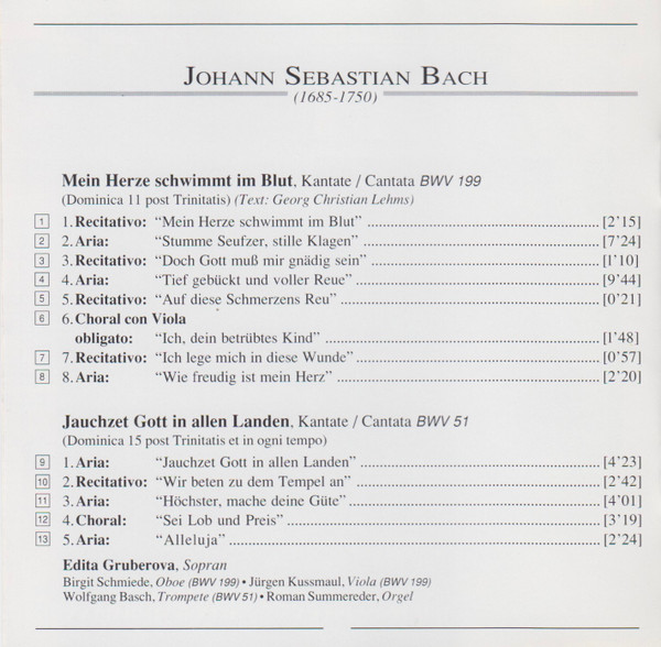 Johann Sebastian Bach, Edita Gruberova, Deutsche Bachsolisten, Helmut Winschermann - Kantaten = Cantatas BWV 199 & 51 / Flötenkonzerte = Flute Concertos (CD) (Near Mint (NM or M-)) - Image 2