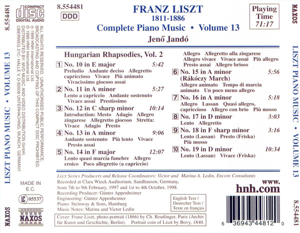 Franz Liszt, Jenö Jandó - Hungarian Rhapsodies, Volume 2 (CD, Advance) (Mint (M)) - Image 2