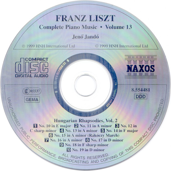 Franz Liszt, Jenö Jandó - Hungarian Rhapsodies, Volume 2 (CD, Advance) (Mint (M)) - Image 3