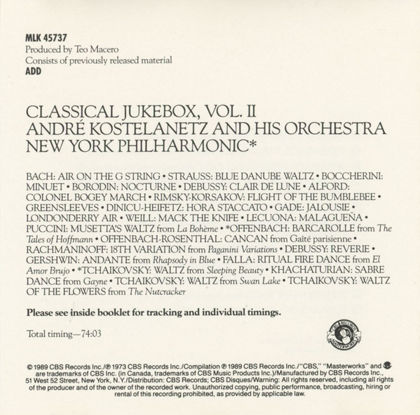 André Kostelanetz And His Orchestra / New York Philharmonic - Classical Jukebox, Vol. II (CD, Comp, Club) (Mint (M)) - Image 2