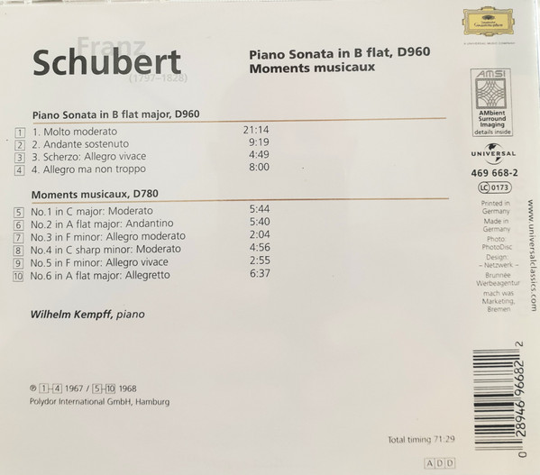 Franz Schubert, Wilhelm Kempff - Piano Sonata In B Flat, D 960 / Moments Musicaux (CD, Comp) (Near Mint (NM or M-)) - Image 2