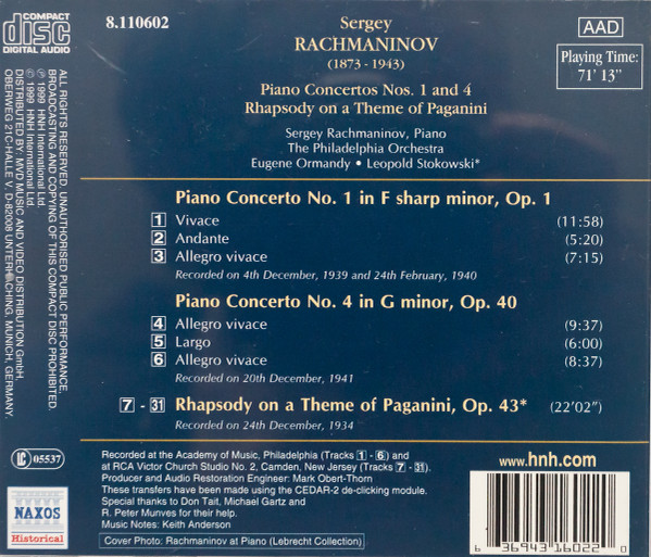 Sergei Vasilyevich Rachmaninoff / The Philadelphia Orchestra, Eugene Ormandy, Leopold Stokowski - Piano Concertos Nos. 1 And 4 • Rhapsody On A Theme Of Paganini (CD, Comp) (Near Mint (NM or M-)) - Image 2