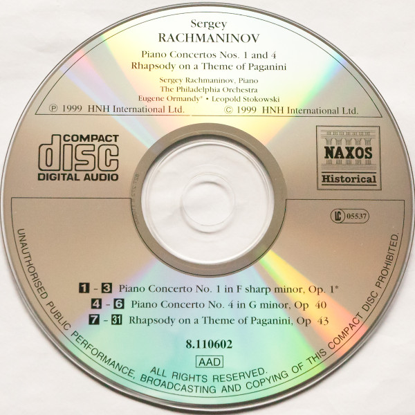 Sergei Vasilyevich Rachmaninoff / The Philadelphia Orchestra, Eugene Ormandy, Leopold Stokowski - Piano Concertos Nos. 1 And 4 • Rhapsody On A Theme Of Paganini (CD, Comp) (Near Mint (NM or M-)) - Image 3