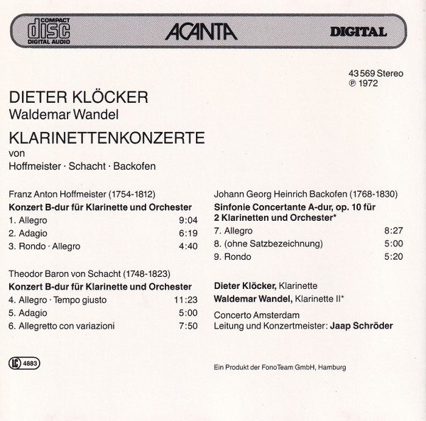 Theodor von Schacht, Franz Anton Hoffmeister - Johann Georg Heinrich Backofen, Dieter Klöcker, Waldemar Wandel - Klarinettenkonzerte (CD, RE) (Mint (M)) - Image 2