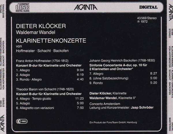 Theodor von Schacht, Franz Anton Hoffmeister - Johann Georg Heinrich Backofen, Dieter Klöcker, Waldemar Wandel - Klarinettenkonzerte (CD, RE) (Mint (M)) - Image 3