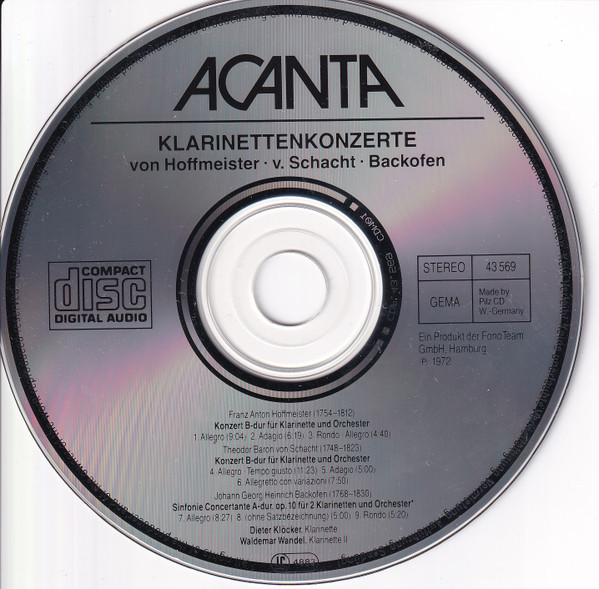Theodor von Schacht, Franz Anton Hoffmeister - Johann Georg Heinrich Backofen, Dieter Klöcker, Waldemar Wandel - Klarinettenkonzerte (CD, RE) (Mint (M)) - Image 4