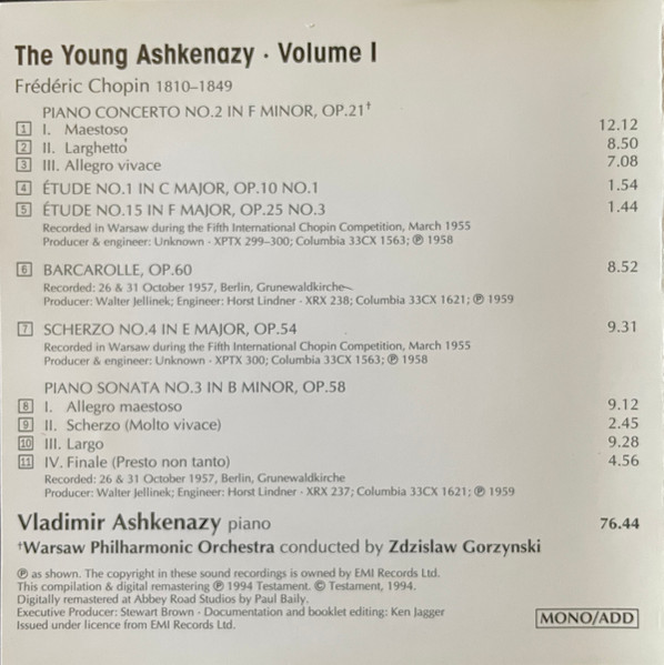 Frédéric Chopin, Vladimir Ashkenazy, Orkiestra Symfoniczna Filharmonii Narodowej, Zdzisław Górzyński - The Young Ashkenazy Volume I (CD, Comp, Mono) (Near Mint (NM or M-)) - Image 4
