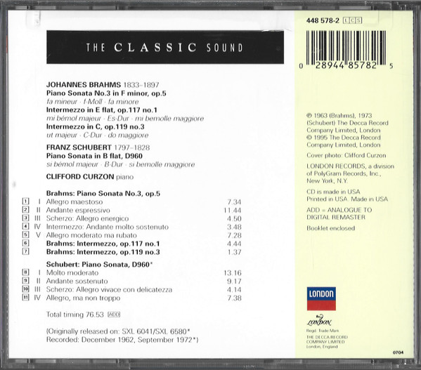 Johannes Brahms, Franz Schubert, Clifford Curzon - Sonata No. 3 - Sonata In B Flat D960 (CD, Album, Comp, RE, RM) (Mint (M)) - Image 2