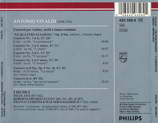 Antonio Vivaldi - I Musici, Roberto Michelucci - Le Quattro Stagioni = The Four Seasons ・ Die Vier Jahreszeiten, Concerti "La Caccia" ・ "Per Eco In Lontano" (CD, Comp, RM) (Near Mint (NM or M-)) - Image 2