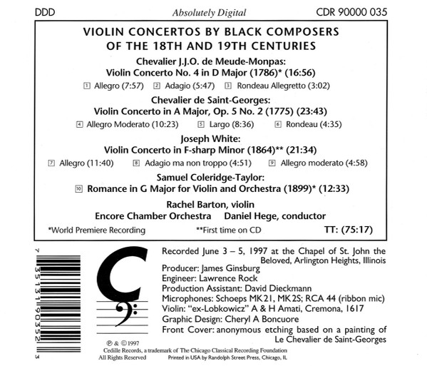 Chevalier de Meude-Monpas, Joseph Boulogne, Chevalier De Saint-Georges, Joseph White, Samuel Coleridge-Taylor, Rachel Barton Pine, The Encore Chamber Orchestra, Daniel Hege - Violin Concertos By Black Composers Of The 18th & 19th Centuries (CD) (Near Mint (NM or M-)) - Image 2