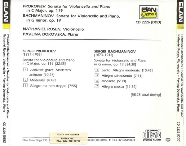 Sergei Prokofiev, Sergei Vasilyevich Rachmaninoff, Nathaniel Rosen, Pavlina Dokovska - Sonatas For Violoncello And Piano (CD, Album) (Near Mint (NM or M-)) - Image 2