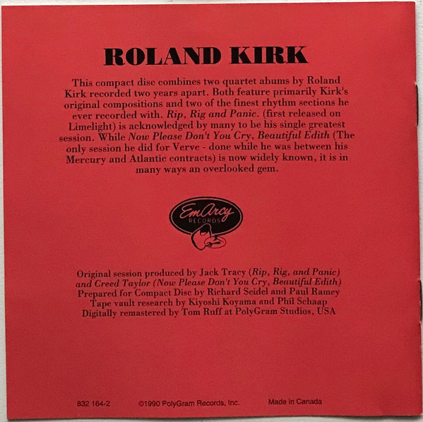 Roland Kirk - Rip, Rig & Panic / Now Please Don't You Cry, Beautiful Edith (CD, Comp, RM, RP) (Near Mint (NM or M-)) - Image 4