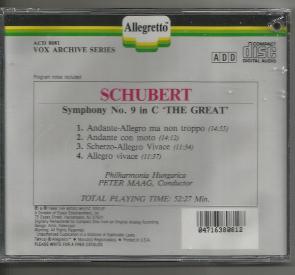 Franz Schubert – Philharmonia Hungarica, Peter Maag - Symphony No. 9 In C 'The Great' (CD, Album, RE, RM) (Mint (M)) - Image 2