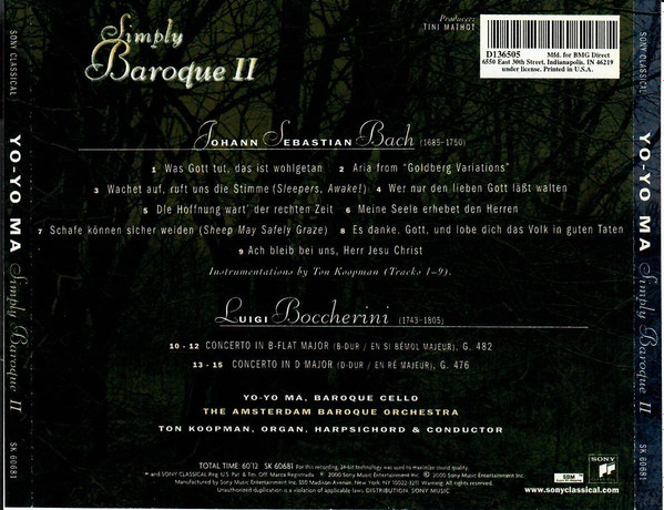 Yo-Yo Ma, Ton Koopman, The Amsterdam Baroque Orchestra - Simply Baroque II (CD, Album, Club, RE) (Mint (M)) - Image 2