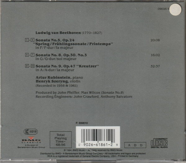 Ludwig van Beethoven - Arthur Rubinstein, Henryk Szeryng - Violin Sonatas Nos. 5 ("Frühling"/"Spring"), 8 & 9 ("Kreutzer") (CD, Comp, RM) (Near Mint (NM or M-)) - Image 2