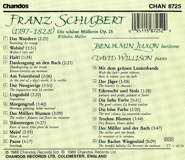 Franz Schubert - Benjamin Luxon, David Willison - Die Schöne Müllerin (CD, Album) (Mint (M)) - Image 2