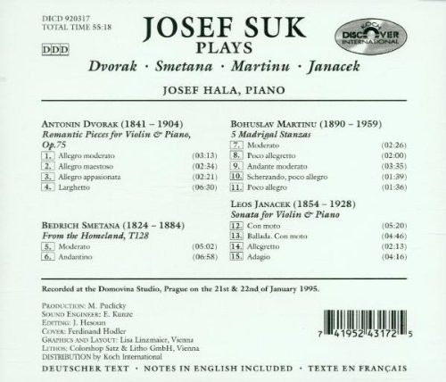 Josef Suk, Antonín Dvořák, Bedřich Smetana, Bohuslav Martinů, Leoš Janáček - Josef Suk Plays Dvořák, Smetana, Martinů, Janáček (CD) (Near Mint (NM or M-)) - Image 2