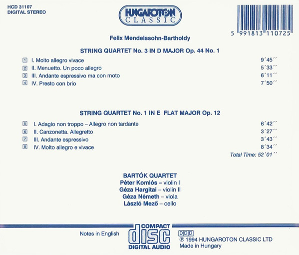 Felix Mendelssohn-Bartholdy, Bartók Quartet - String Quartets D Major Op. 44 No. 1 / E Flat Major Op. 12 (CD, RE) (Near Mint (NM or M-)) - Image 2