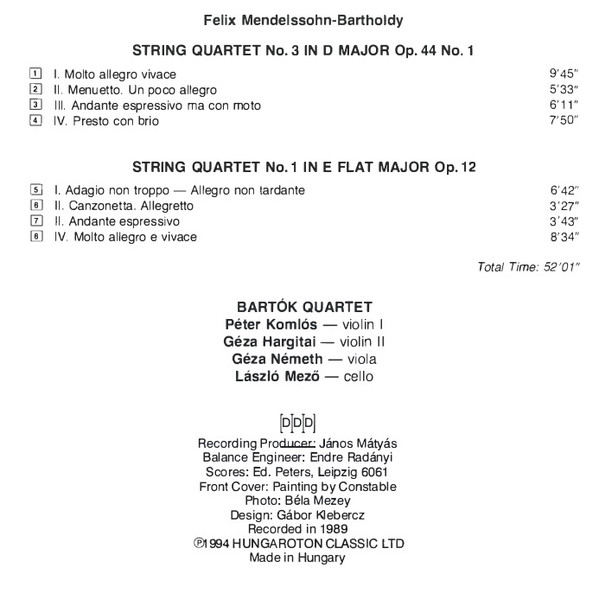 Felix Mendelssohn-Bartholdy, Bartók Quartet - String Quartets D Major Op. 44 No. 1 / E Flat Major Op. 12 (CD, RE) (Near Mint (NM or M-)) - Image 3