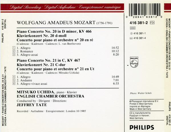 Wolfgang Amadeus Mozart - Mitsuko Uchida, English Chamber Orchestra, Jeffrey Tate - Piano Concertos · Klavierkonzerte No.20 KV 466 · No. 21 KV 467 (CD, Album) (Near Mint (NM or M-)) - Image 2