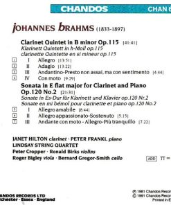 Alternative view of Johannes Brahms - Janet Hilton, Peter Frankl, The Lindsays - Clarinet Quintet In B Minor · Clarinet Sonata No. 2 In E Flat Major (CD, Album, RM) (Mint (M))