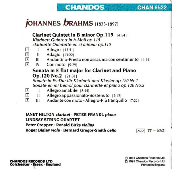 Johannes Brahms - Janet Hilton, Peter Frankl, The Lindsays - Clarinet Quintet In B Minor · Clarinet Sonata No. 2 In E Flat Major (CD, Album, RM) (Mint (M)) - Image 2