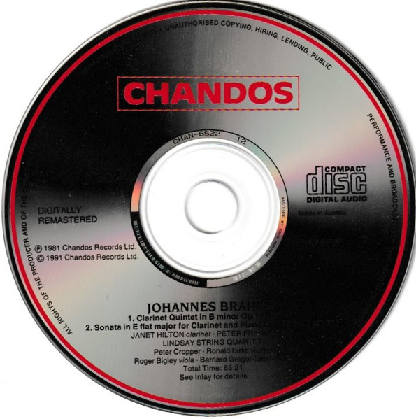 Johannes Brahms - Janet Hilton, Peter Frankl, The Lindsays - Clarinet Quintet In B Minor · Clarinet Sonata No. 2 In E Flat Major (CD, Album, RM) (Mint (M)) - Image 3