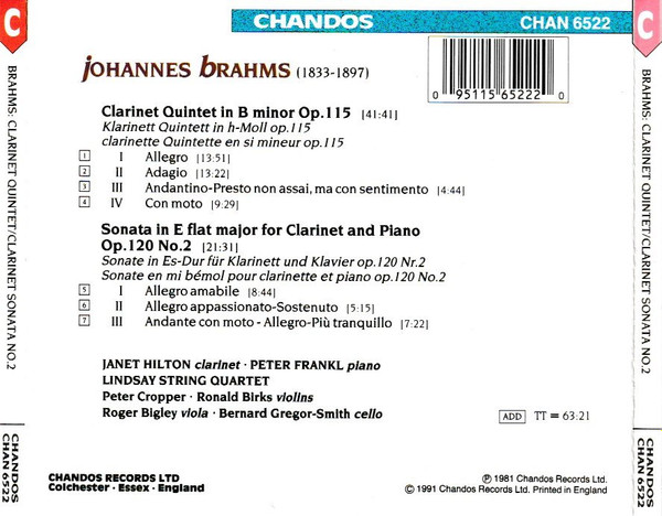 Johannes Brahms - Janet Hilton, Peter Frankl, The Lindsays - Clarinet Quintet In B Minor · Clarinet Sonata No. 2 In E Flat Major (CD, Album, RM) (Mint (M)) - Image 5