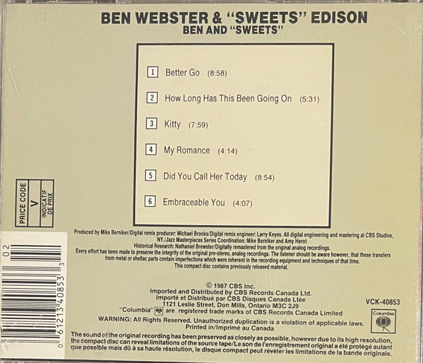 Ben Webster & Harry Edison - Ben And "Sweets" (CD, Album, RE, RM) (Near Mint (NM or M-)) - Image 3