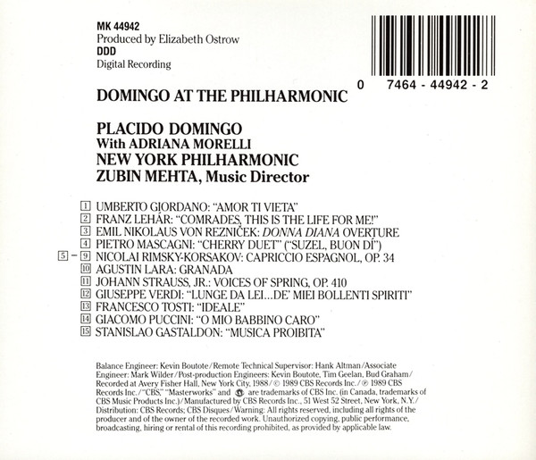 Placido Domingo, Adriana Morelli, New York Philharmonic, Zubin Mehta - Domingo At The Philharmonic With Adriana Morelli (CD, Album) (Mint (M)) - Image 2