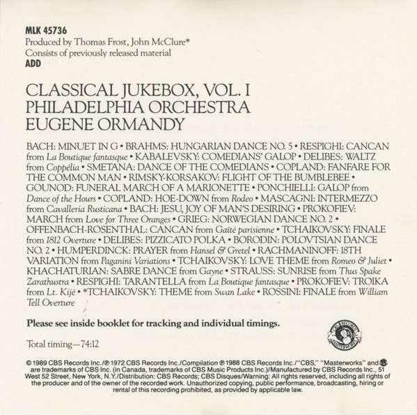 The Philadelphia Orchestra Conducted By Eugene Ormandy - Classical Jukebox Vol. 1 (CD, Comp) (Mint (M)) - Image 2