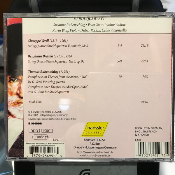 Giuseppe Verdi / Benjamin Britten / Thomas Rabenschlag - Verdi Quartett - String Quartet E Minor = Streichquartett E-Moll / String Quartet = Streichquartett No. 3, Op. 94 / "Aida" - Paraphrase (CD) (Near Mint (NM or M-)) - Image 2
