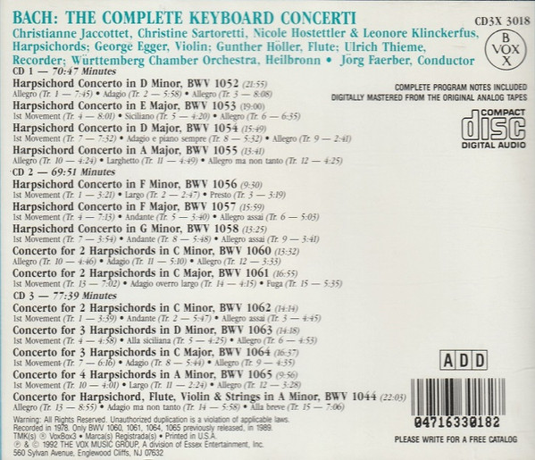 Johann Sebastian Bach – Württembergisches Kammerorchester / Jörg Faerber - The Complete Harpsichord Concerti (3xCD, Comp, RE, RM) (Mint (M)) - Image 2