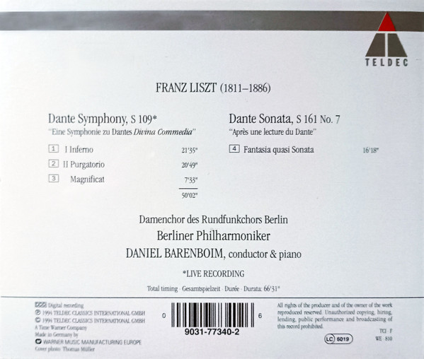 Franz Liszt – Daniel Barenboim, Berliner Philharmoniker - Dante Symphony • Dante Sonata (CD) (Mint (M)) - Image 2