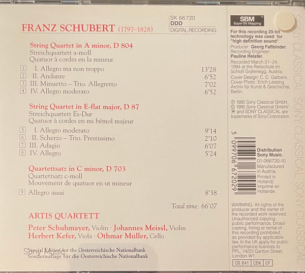 Franz Schubert, Artis Quartet - String Quartets D87, 703 & 804 (CD) (Near Mint (NM or M-)) - Image 2