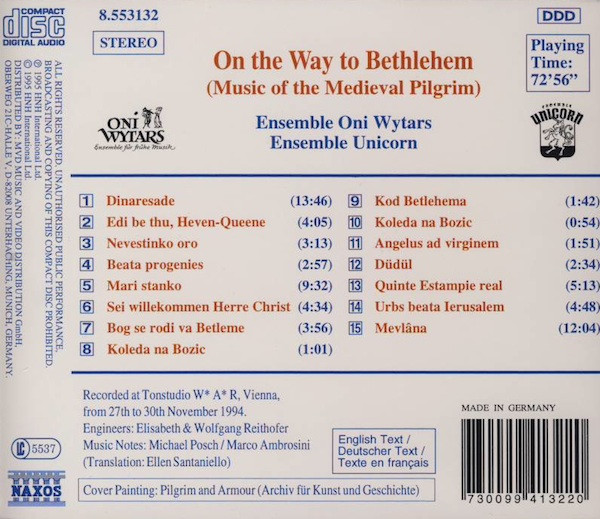 Oni Wytars, Ensemble Unicorn - On The Way To Bethlehem (Music Of The Medieval Pilgrim) (CD, Album) (Mint (M)) - Image 2