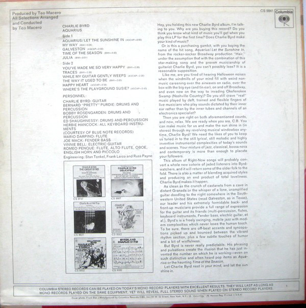 Charlie Byrd - Aquarius (LP, Album) (Very Good Plus (VG+)) - Image 2