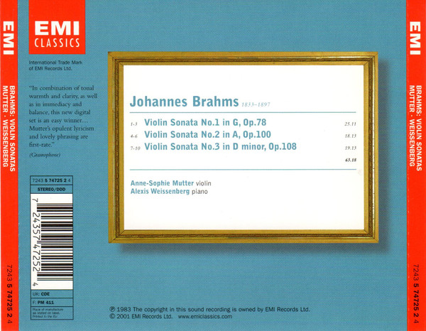 Johannes Brahms - Anne-Sophie Mutter, Alexis Weissenberg - Violin Sonatas (CD, Album) (Mint (M)) - Image 2
