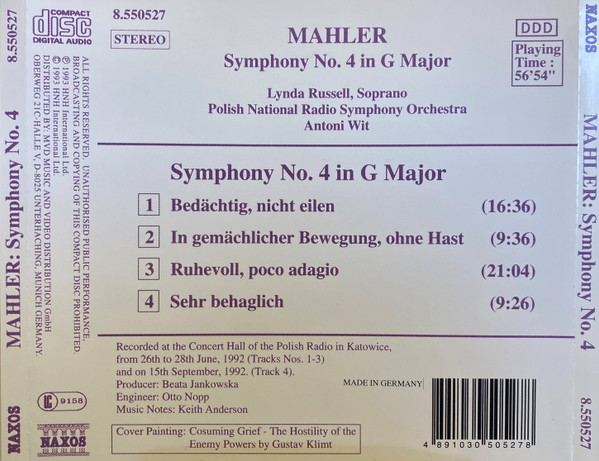 Gustav Mahler - Lynda Russell, Wielka Orkiestra Symfoniczna Polskiego Radia I Telewizji, Antoni Wit - Symphony No.4 In G Major (CD, Album) (Near Mint (NM or M-)) - Image 2